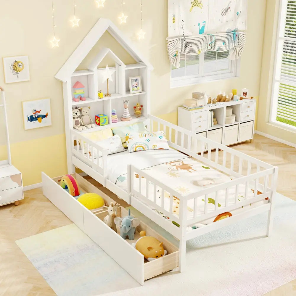 Twin Size House Bed Kids Montessori Bed with House-Shaped Storage Headboard-White - White - Trundle Bed Frame