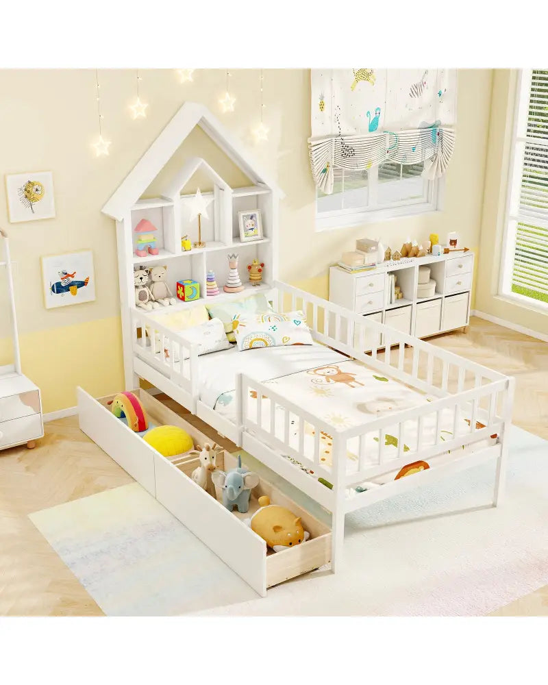 Twin Size House Bed Kids Montessori Bed with House-Shaped Storage Headboard-White - White - Trundle Bed Frame