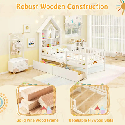 Twin Size House Bed Kids Montessori Bed with House-Shaped Storage Headboard-White - White - Trundle Bed Frame