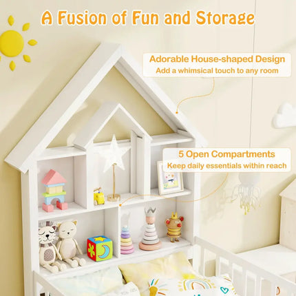 Twin Size House Bed Kids Montessori Bed with House-Shaped Storage Headboard-White - White - Trundle Bed Frame
