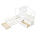 Twin Size House Bed Kids Platform Bed with Padded Bench-White - White - Toddler Beds