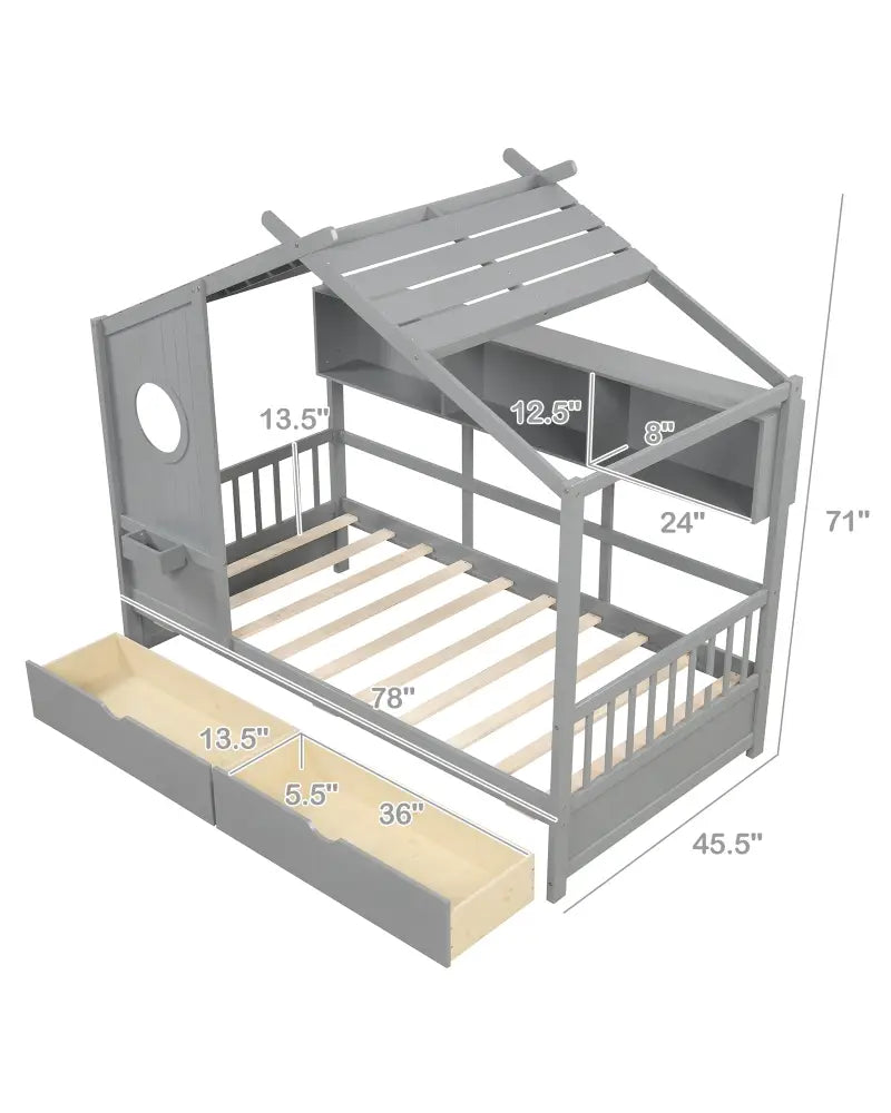Twin Size House Bed with 2 Storage Drawers and Fence Guardrails-Gray - Gray - Trundle Bed Frame