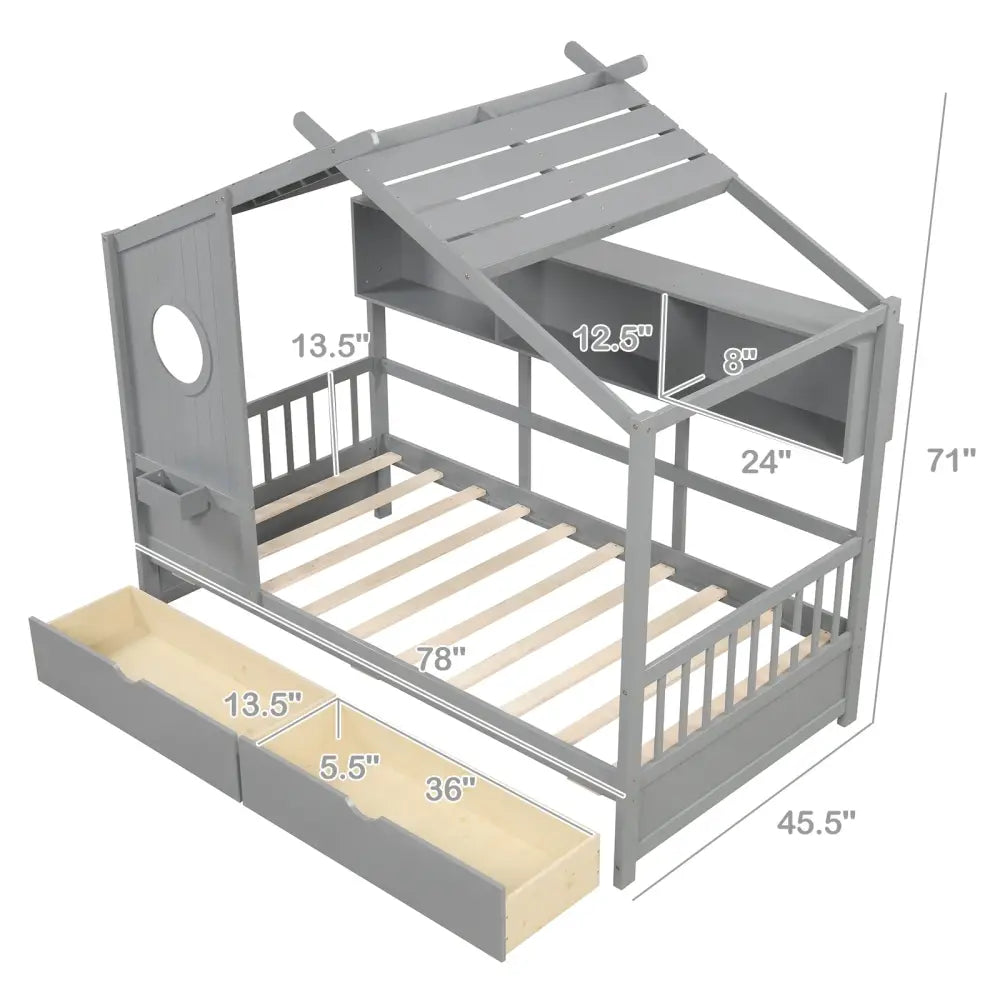 Twin Size House Bed with 2 Storage Drawers and Fence Guardrails-Gray - Gray - Trundle Bed Frame