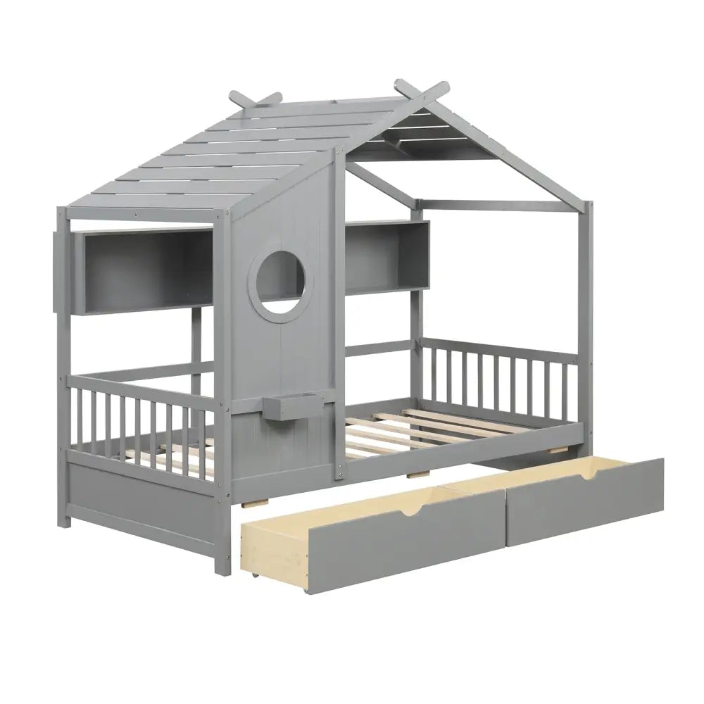 Twin Size House Bed with 2 Storage Drawers and Fence Guardrails-Gray - Gray - Trundle Bed Frame