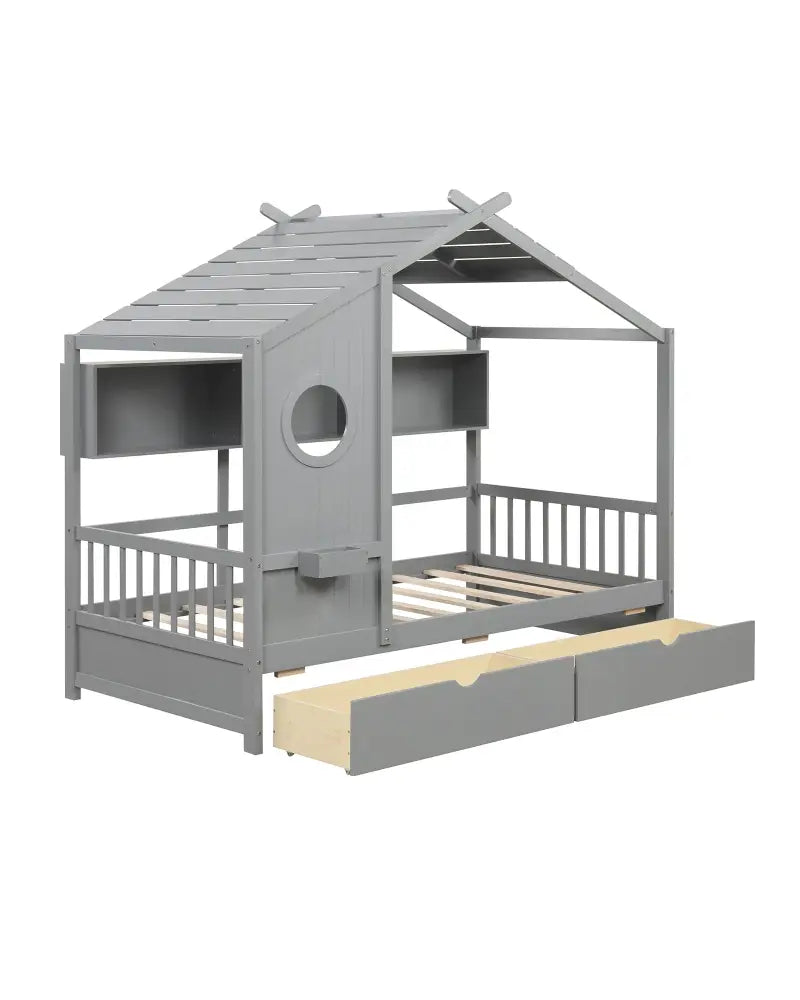 Twin Size House Bed with 2 Storage Drawers and Fence Guardrails-Gray - Gray - Trundle Bed Frame