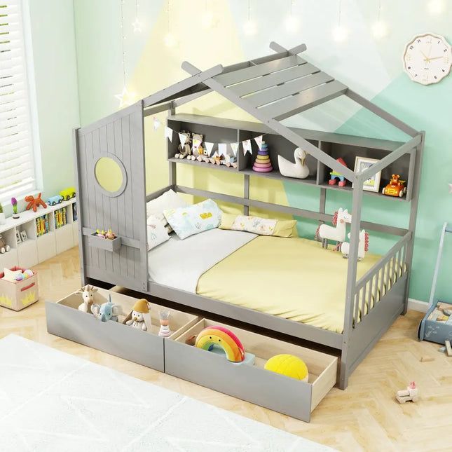 Twin Size House Bed with 2 Storage Drawers and Fence Guardrails-Gray - Gray - Trundle Bed Frame