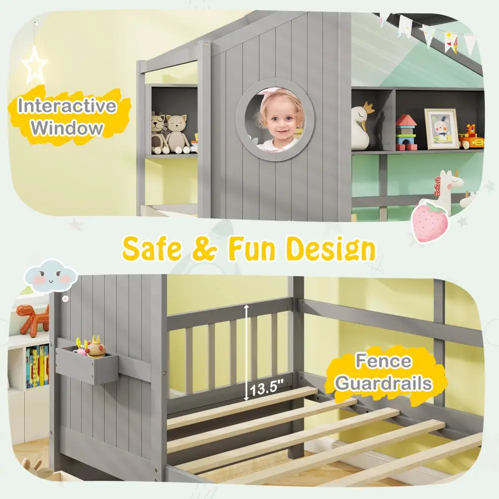 Twin Size House Bed with 2 Storage Drawers and Fence Guardrails-Gray - Gray - Trundle Bed Frame