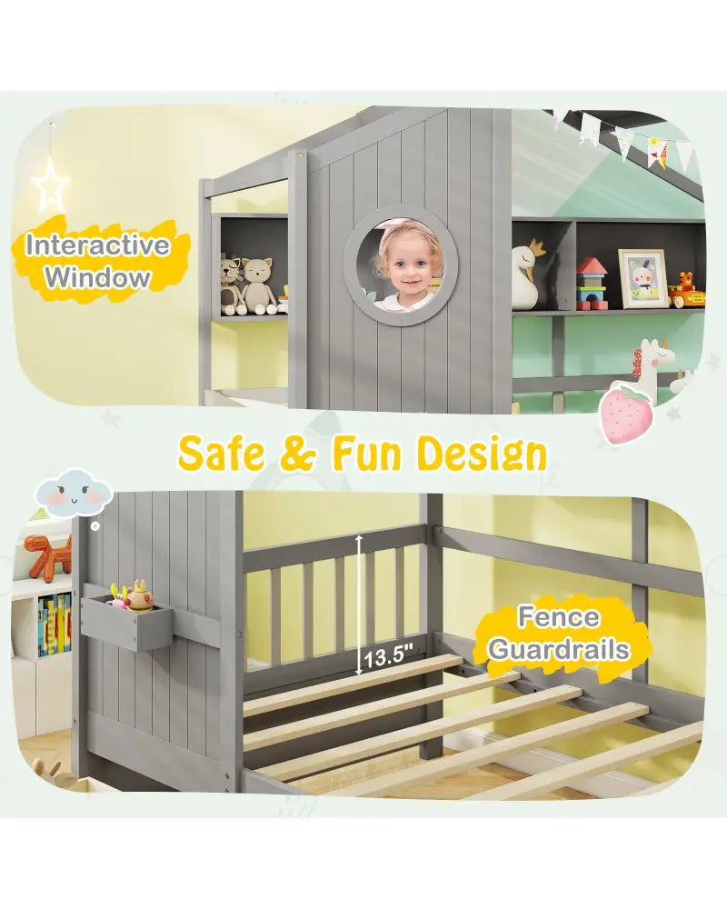Twin Size House Bed with 2 Storage Drawers and Fence Guardrails-Gray - Gray - Trundle Bed Frame