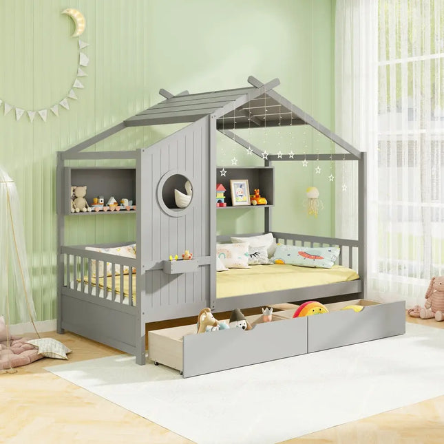 Twin Size House Bed with 2 Storage Drawers and Fence Guardrails-Gray - Gray - Trundle Bed Frame