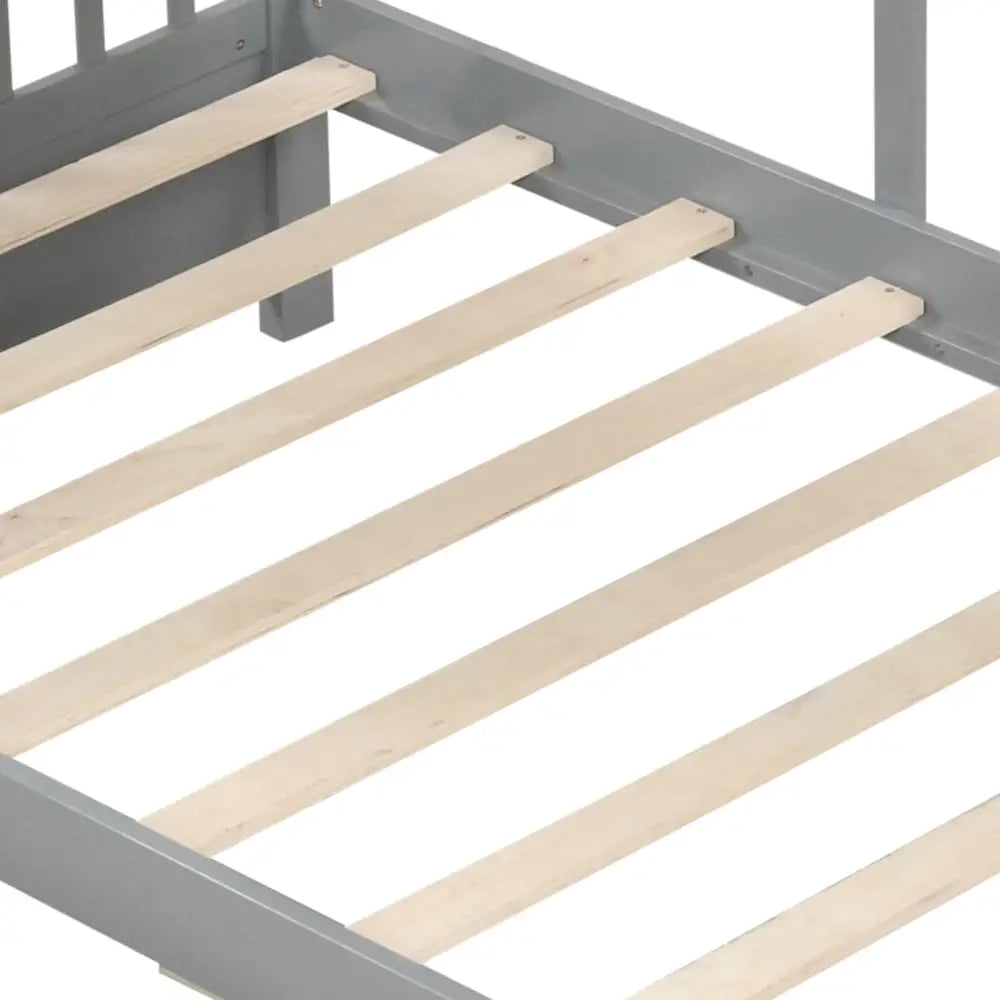 Twin Size House Bed with 2 Storage Drawers and Fence Guardrails-Gray - Gray - Trundle Bed Frame