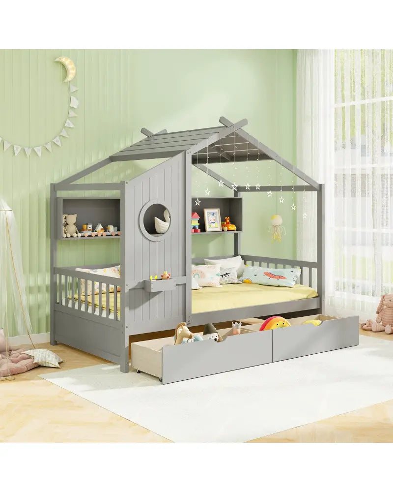 Twin Size House Bed with 2 Storage Drawers and Fence Guardrails-Gray - Gray - Trundle Bed Frame