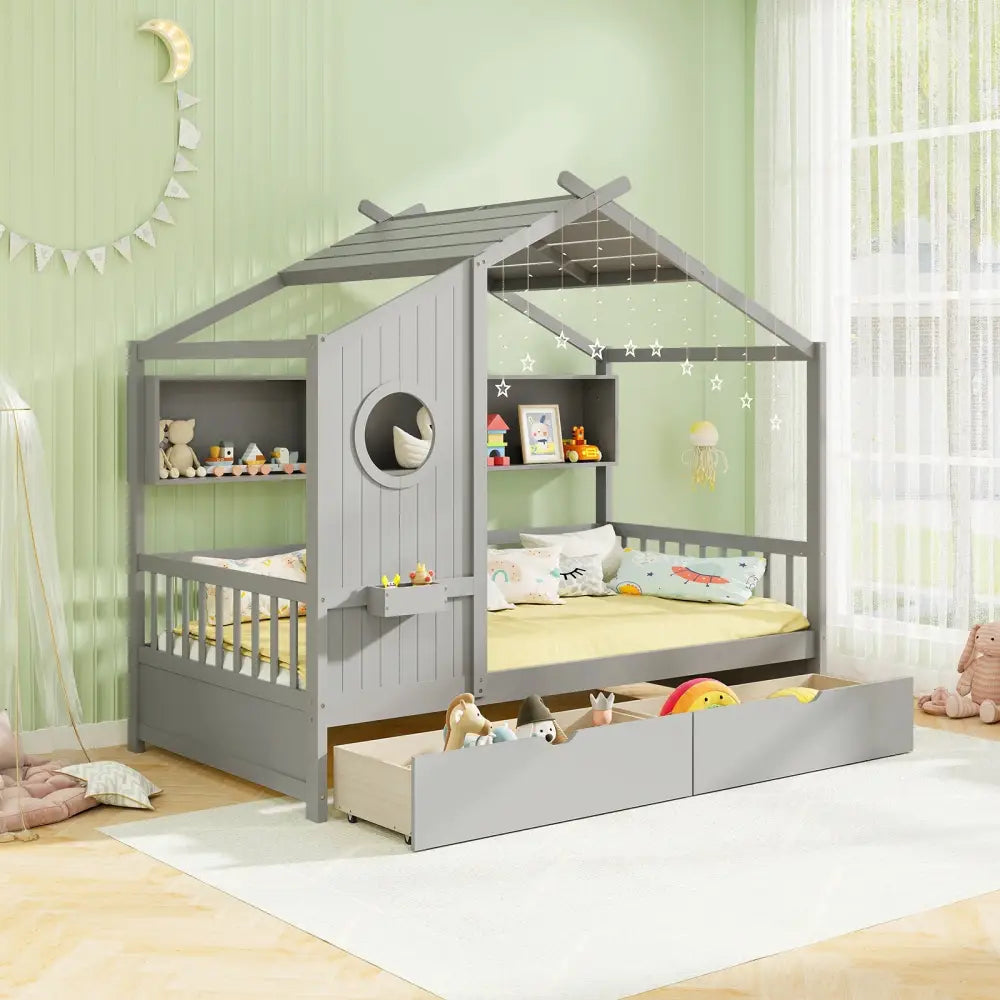 Twin Size House Bed with 2 Storage Drawers and Fence Guardrails-Gray - Gray - Trundle Bed Frame