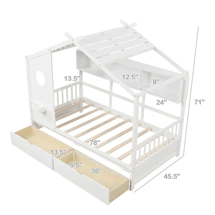 Twin Size House Bed with 2 Storage Drawers and Fence Guardrails-White - White - Trundle Bed Frame