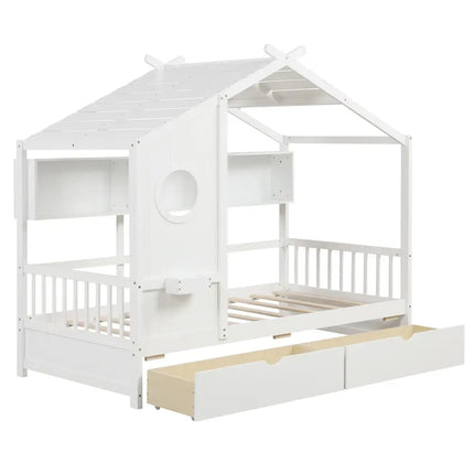 Twin Size House Bed with 2 Storage Drawers and Fence Guardrails-White - White - Trundle Bed Frame
