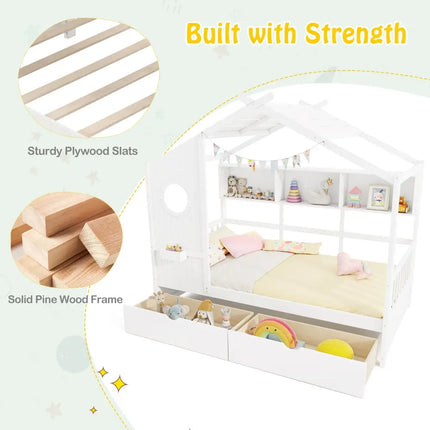 Twin Size House Bed with 2 Storage Drawers and Fence Guardrails-White - White - Trundle Bed Frame