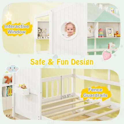 Twin Size House Bed with 2 Storage Drawers and Fence Guardrails-White - White - Trundle Bed Frame