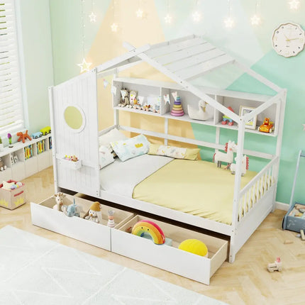 Twin Size House Bed with 2 Storage Drawers and Fence Guardrails-White - White - Trundle Bed Frame
