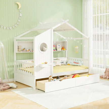 Twin Size House Bed with 2 Storage Drawers and Fence Guardrails-White - White - Trundle Bed Frame