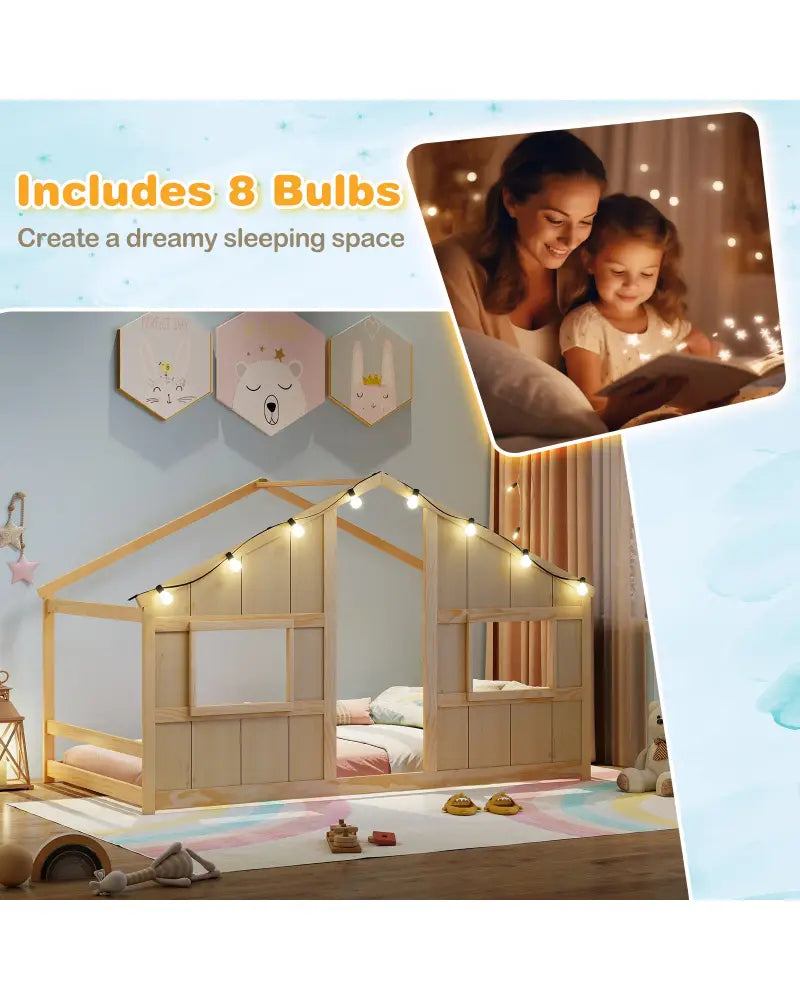 Twin Size House Bed with LED Lights Montessori Slat-free Floor Bed-Natural - Natural - Toddler Beds