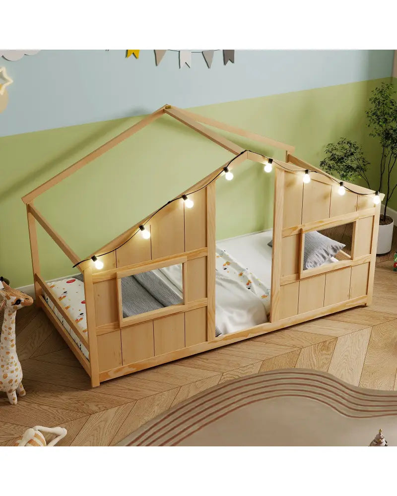 Twin Size House Bed with LED Lights Montessori Slat-free Floor Bed-Natural - Natural - Toddler Beds
