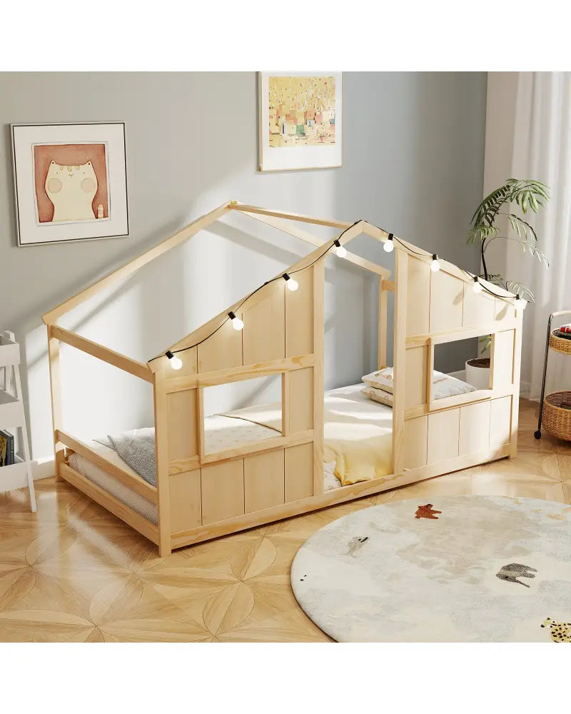 Twin Size House Bed with LED Lights Montessori Slat-free Floor Bed-Natural - Natural - Toddler Beds