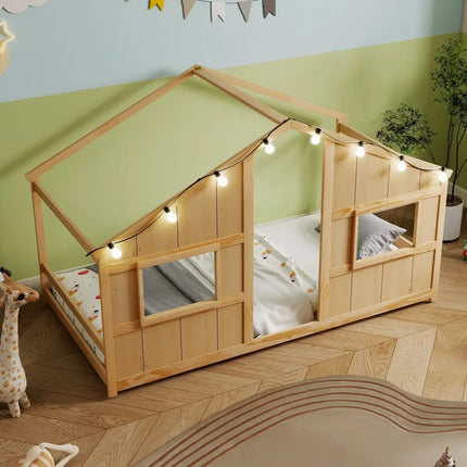 Twin Size House Bed with LED Lights Montessori Slat-free Floor Bed-Natural - Natural - Toddler Beds