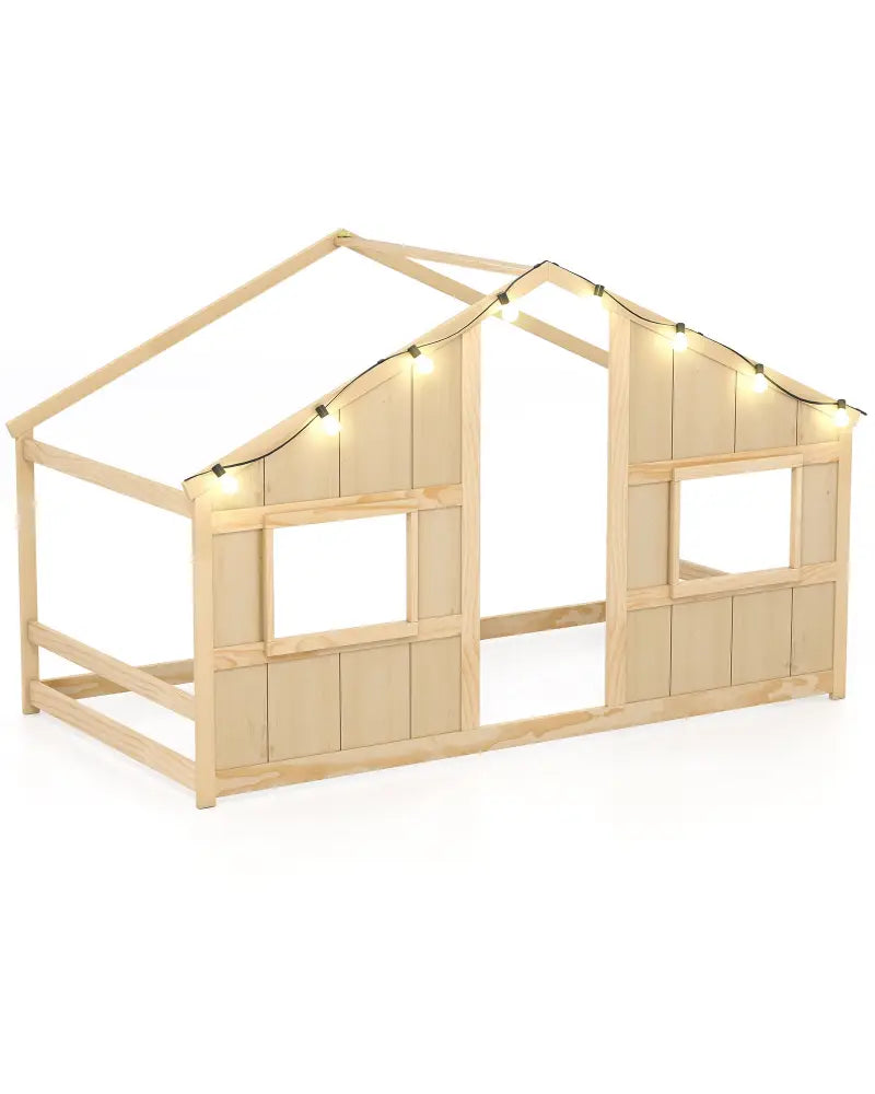 Twin Size House Bed with LED Lights Montessori Slat-free Floor Bed-Natural - Natural - Toddler Beds