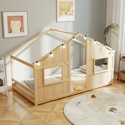 Twin Size House Bed with LED Lights Montessori Slat-free Floor Bed-Natural - Natural - Toddler Beds