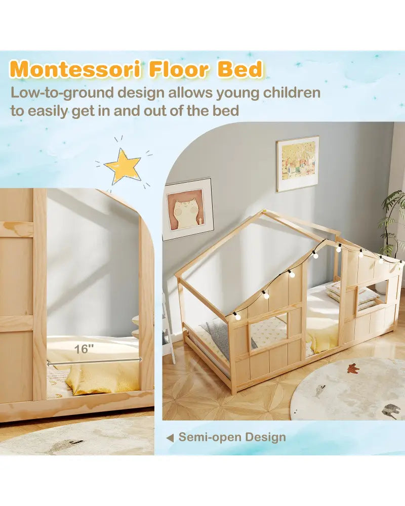 Twin Size House Bed with LED Lights Montessori Slat-free Floor Bed-Natural - Natural - Toddler Beds