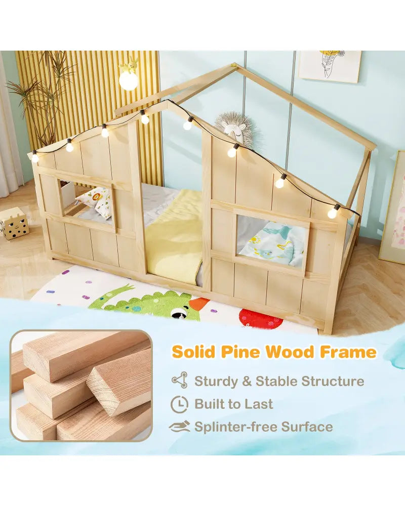 Twin Size House Bed with LED Lights Montessori Slat-free Floor Bed-Natural - Natural - Toddler Beds
