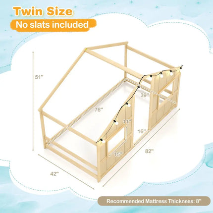 Twin Size House Bed with LED Lights Montessori Slat-free Floor Bed-Natural - Natural - Toddler Beds