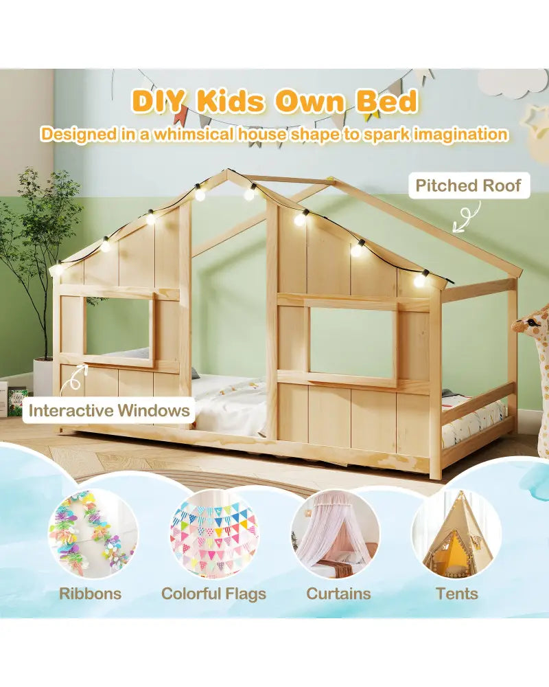 Twin Size House Bed with LED Lights Montessori Slat-free Floor Bed-Natural - Natural - Toddler Beds