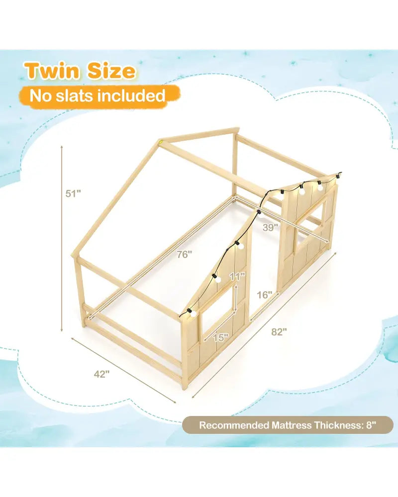 Twin Size House Bed with LED Lights Montessori Slat-free Floor Bed-Natural - Natural - Toddler Beds