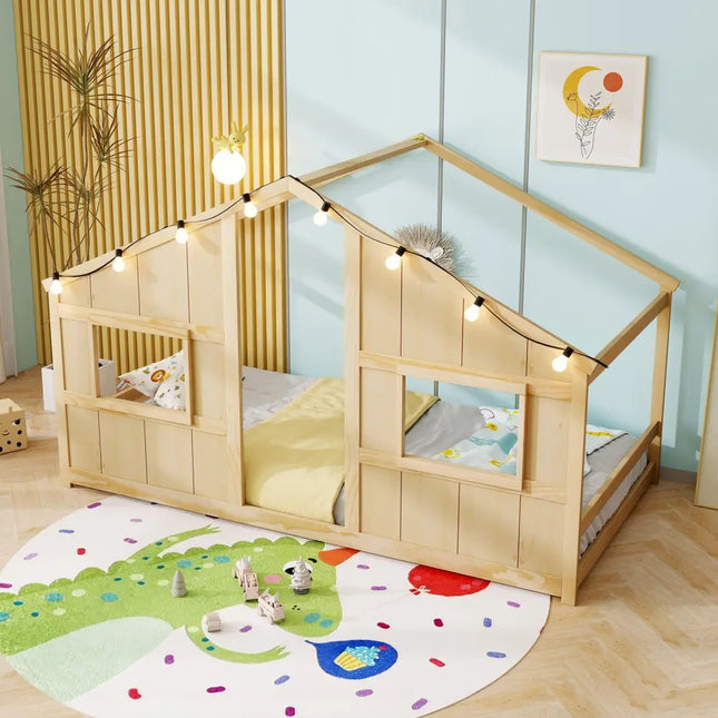 Twin Size House Bed with LED Lights Montessori Slat-free Floor Bed-Natural - Natural - Toddler Beds