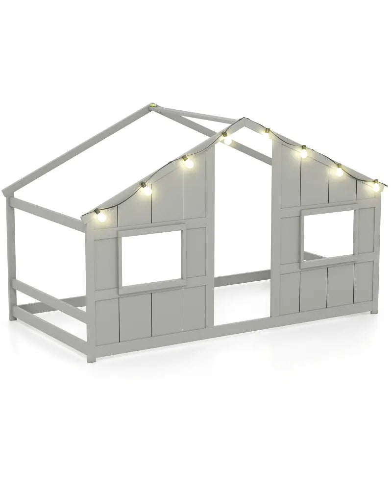 Twin Size House Bed with LED Lights Montessori Slat-free Floor Bed-Grey - Gray - Toddler Beds