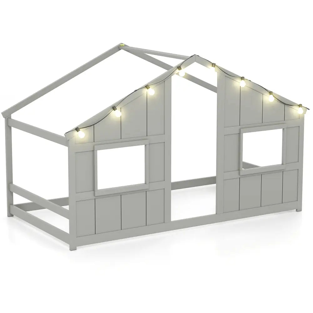 Twin Size House Bed with LED Lights Montessori Slat-free Floor Bed-Grey - Gray - Toddler Beds
