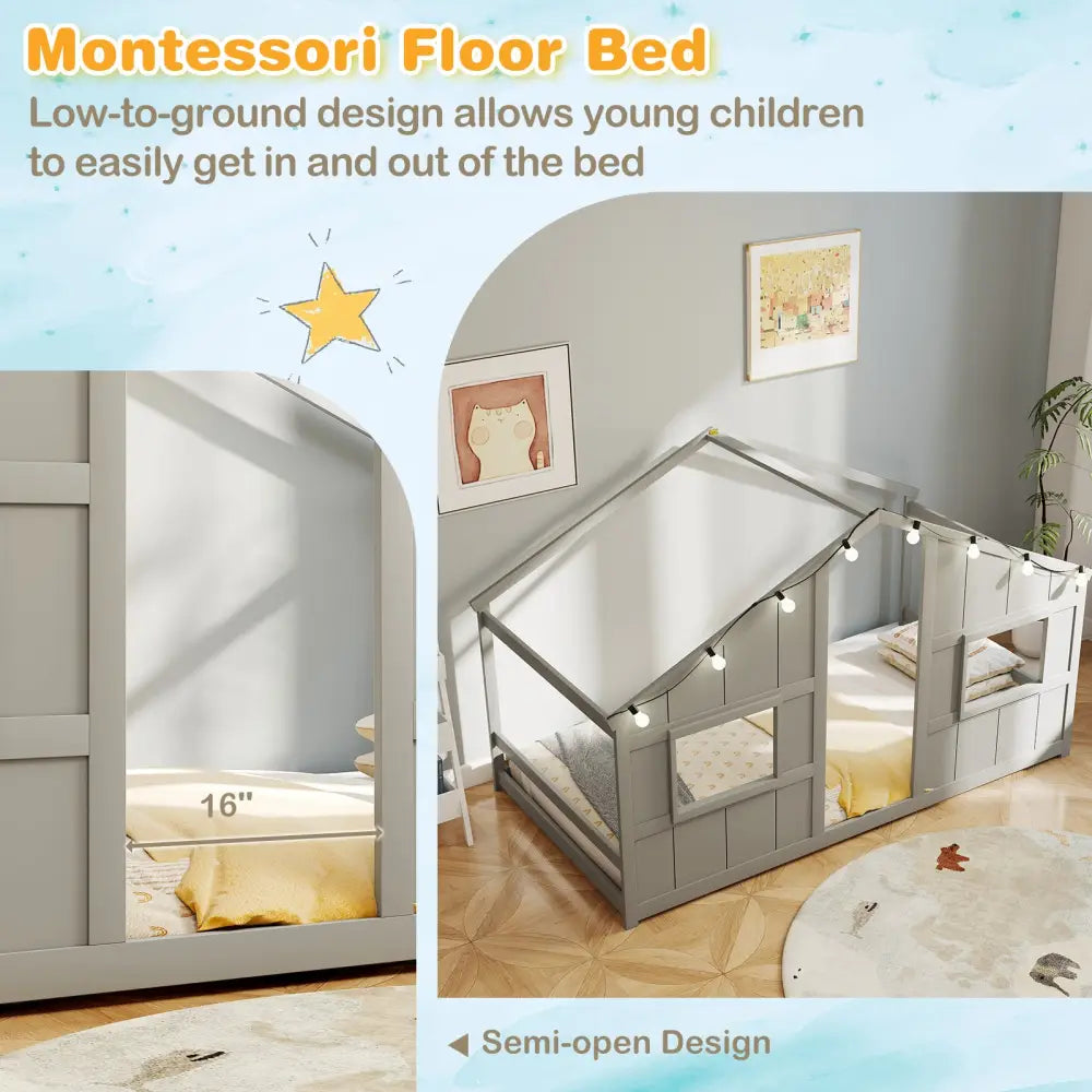 Twin Size House Bed with LED Lights Montessori Slat-free Floor Bed-Grey - Gray - Toddler Beds