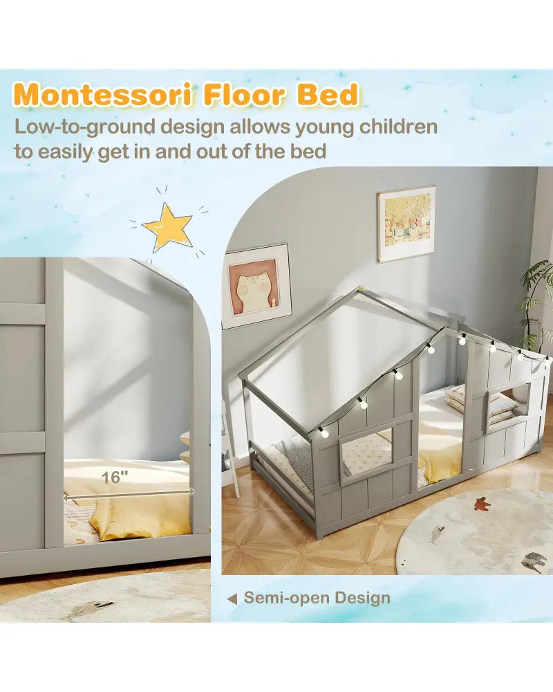 Twin Size House Bed with LED Lights Montessori Slat-free Floor Bed-Grey - Gray - Toddler Beds