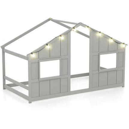 Twin Size House Bed with LED Lights Montessori Slat-free Floor Bed-Grey - Gray - Toddler Beds