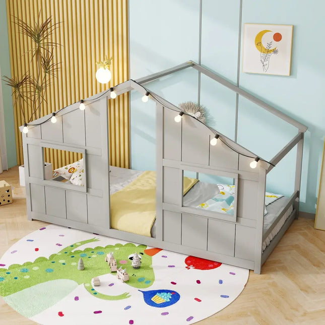 Twin Size House Bed with LED Lights Montessori Slat-free Floor Bed-Grey - Gray - Toddler Beds