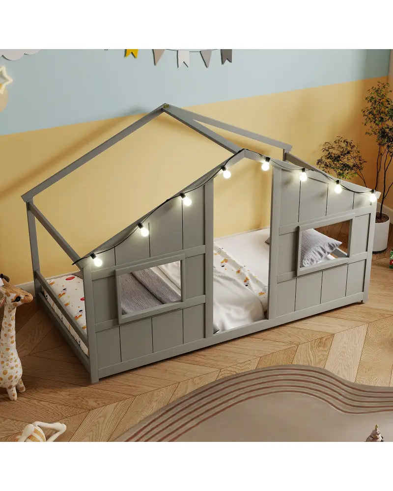 Twin Size House Bed with LED Lights Montessori Slat-free Floor Bed-Grey - Gray - Toddler Beds