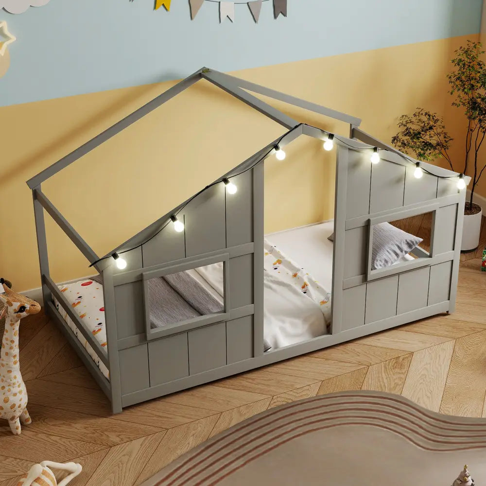 Twin Size House Bed with LED Lights Montessori Slat-free Floor Bed-Grey - Gray - Toddler Beds