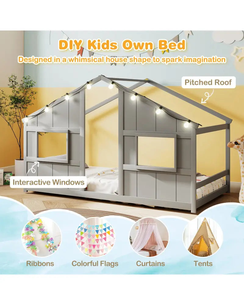Twin Size House Bed with LED Lights Montessori Slat-free Floor Bed-Grey - Gray - Toddler Beds