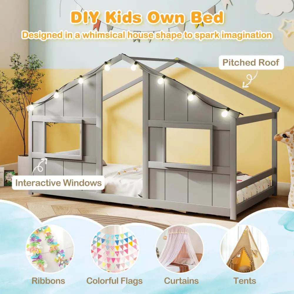 Twin Size House Bed with LED Lights Montessori Slat-free Floor Bed-Grey - Gray - Toddler Beds