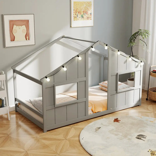 Twin Size House Bed with LED Lights Montessori Slat-free Floor Bed-Grey - Gray - Toddler Beds