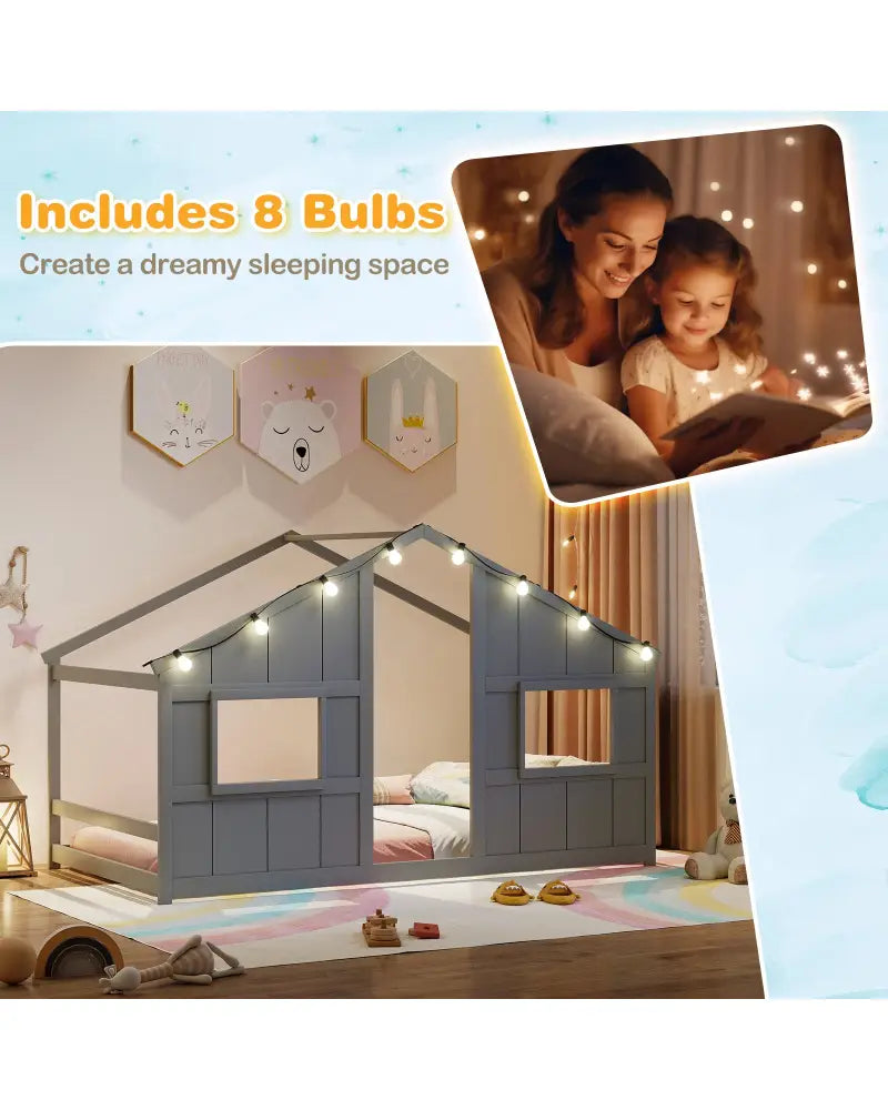 Twin Size House Bed with LED Lights Montessori Slat-free Floor Bed-Grey - Gray - Toddler Beds