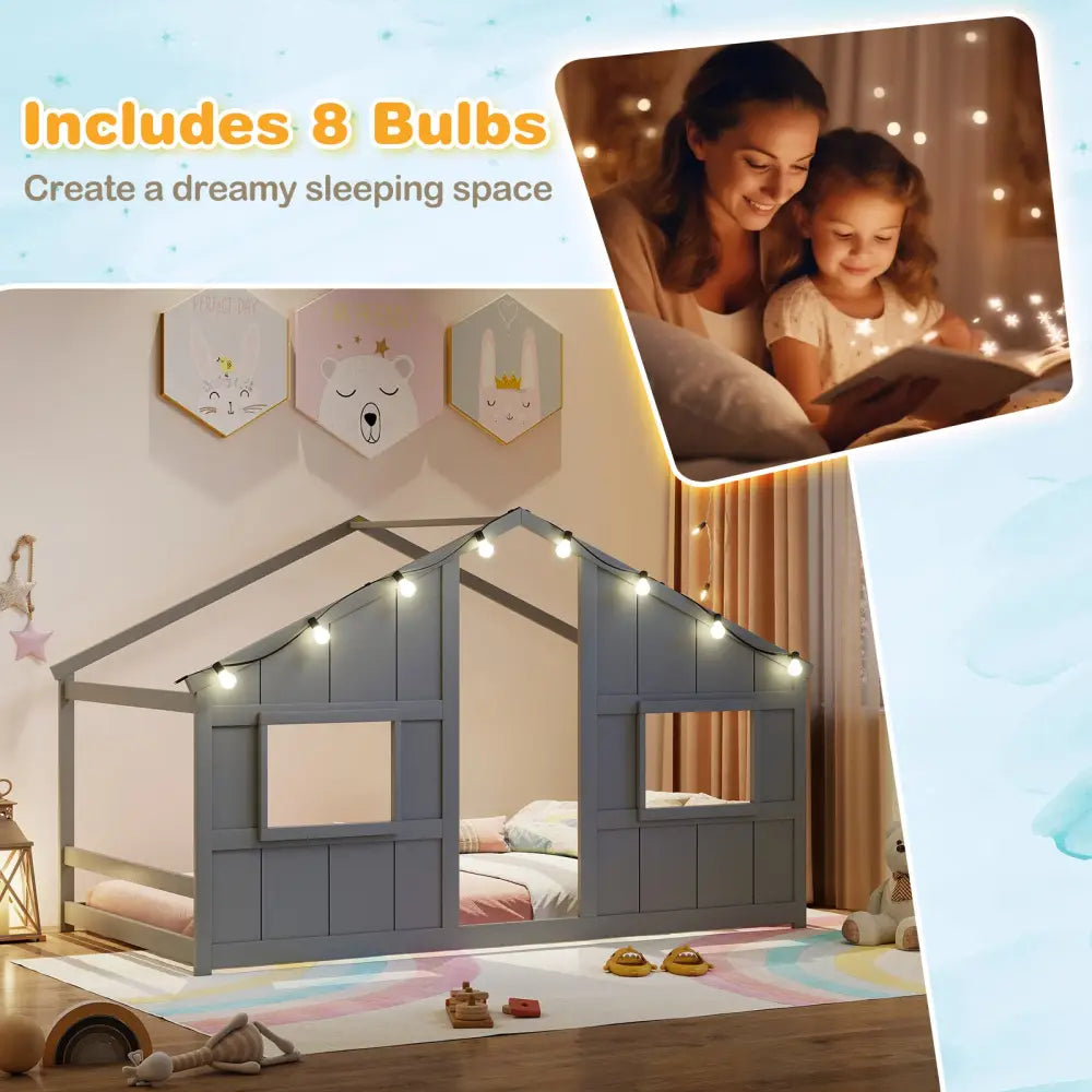 Twin Size House Bed with LED Lights Montessori Slat-free Floor Bed-Grey - Gray - Toddler Beds