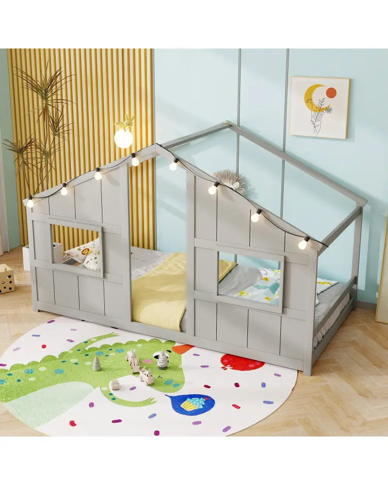 Twin Size House Bed with LED Lights Montessori Slat-free Floor Bed-Grey - Gray - Toddler Beds