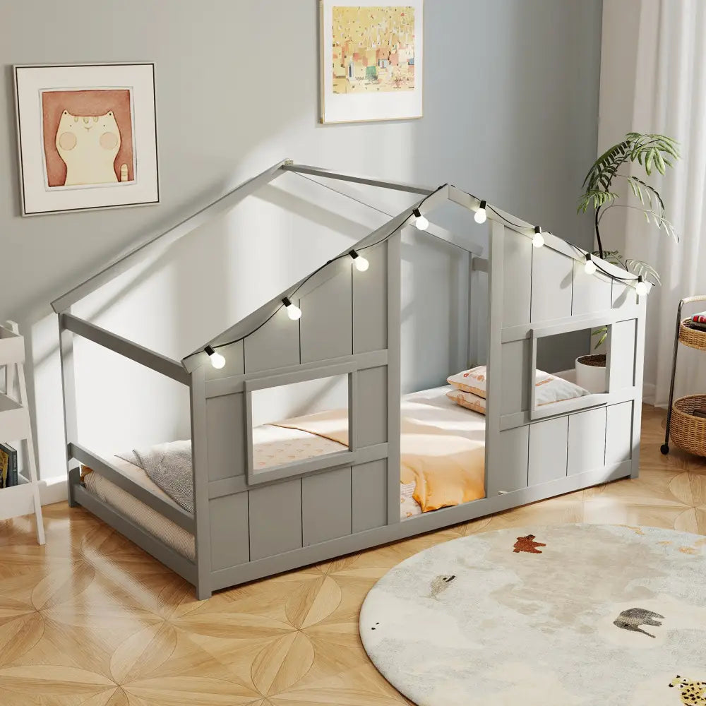Twin Size House Bed with LED Lights Montessori Slat-free Floor Bed-Grey - Gray - Toddler Beds