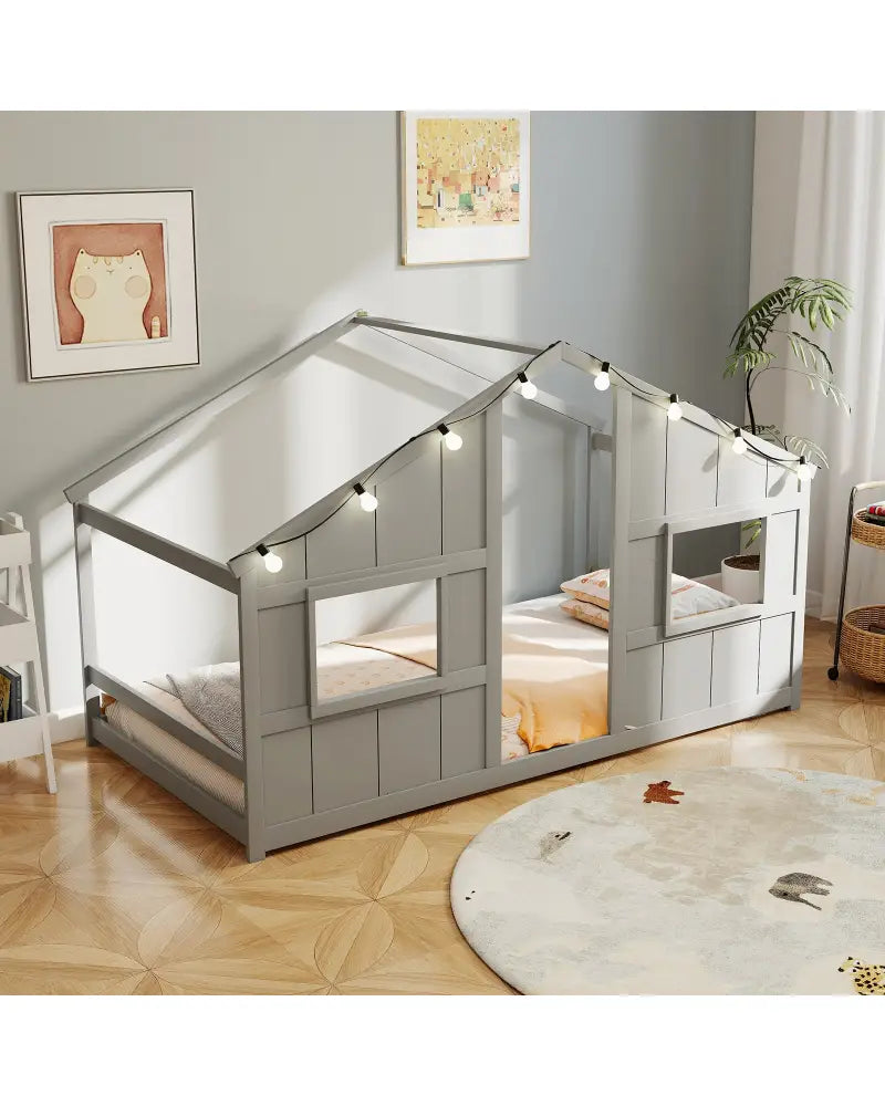 Twin Size House Bed with LED Lights Montessori Slat-free Floor Bed-Grey - Gray - Toddler Beds